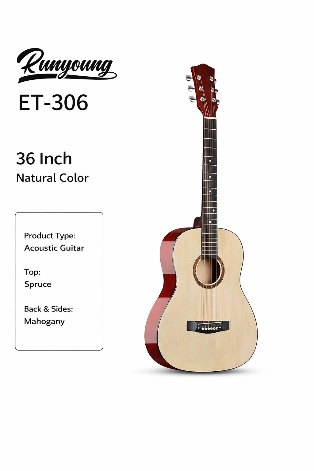 Runyoung ET-306 36″ Acoustic Guitar – Beginner-Friendly for Kids & Adults music instrument. - Image 3