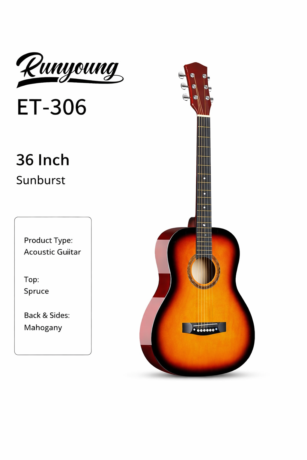 Runyoung ET-306 36″ Acoustic Guitar – Beginner-Friendly for Kids & Adults music instrument. - Image 4
