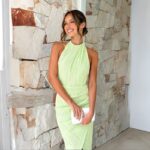 Womens Pleated Halter Neck Backless Maxi Dress