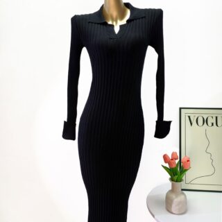 Womens Ribbed Collared V-Neck Long Sleeve Maxi Sweater Dress