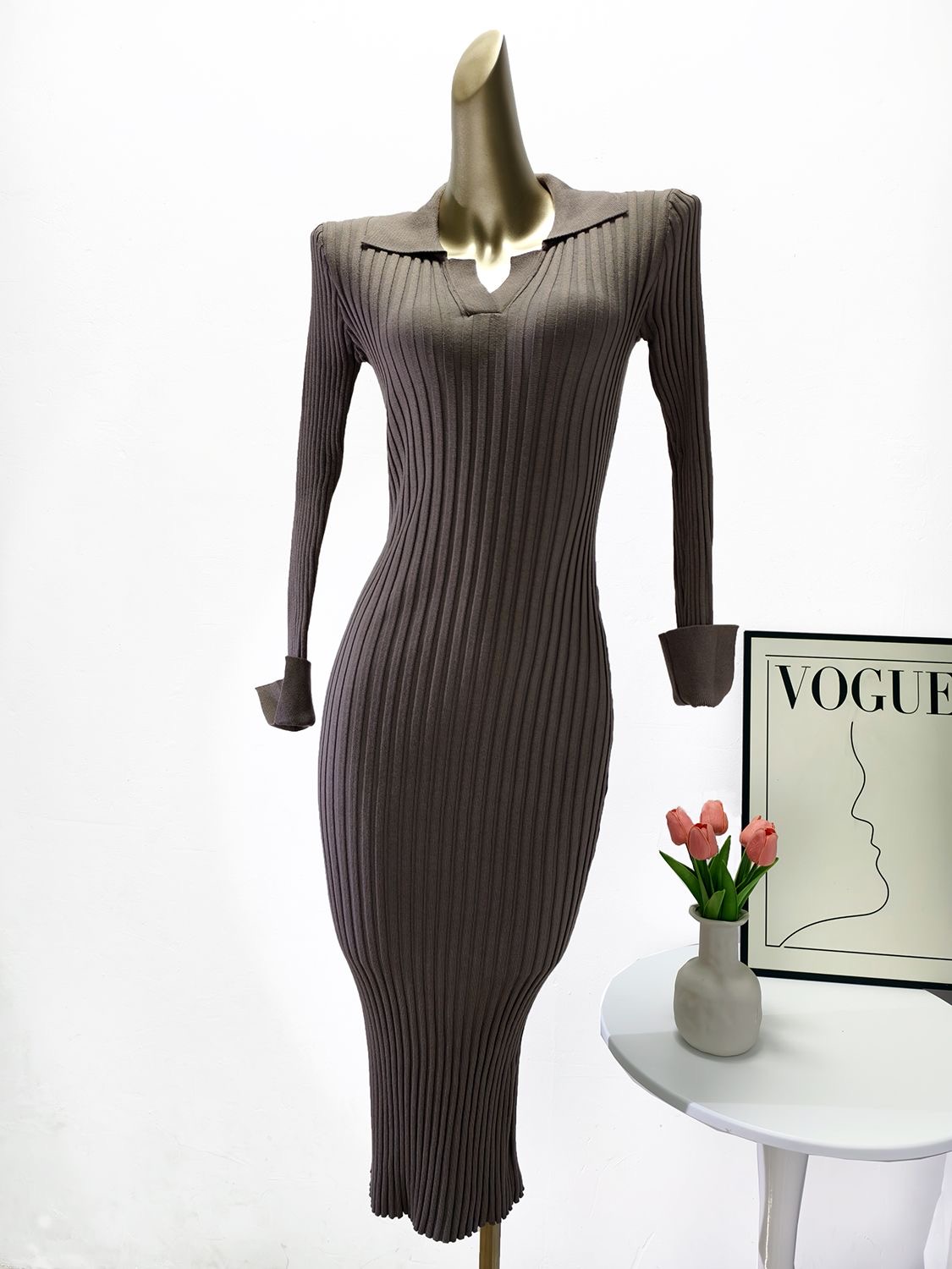Womens Ribbed Collared V-Neck Long Sleeve Maxi Sweater Dress - Image 2
