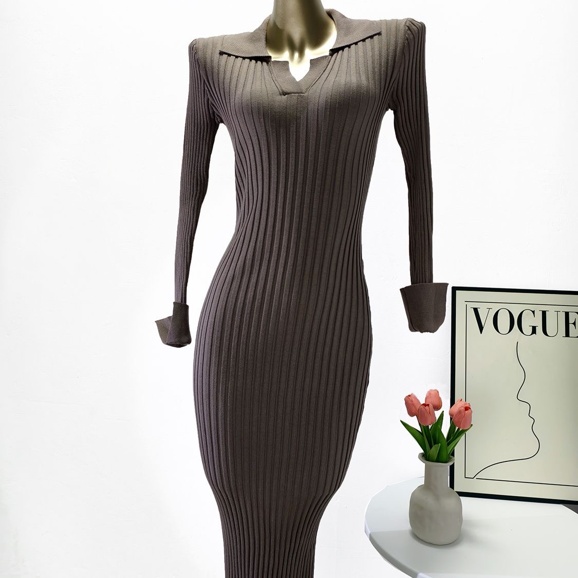 Womens Ribbed Collared V-Neck Long Sleeve Maxi Sweater Dress - Image 8