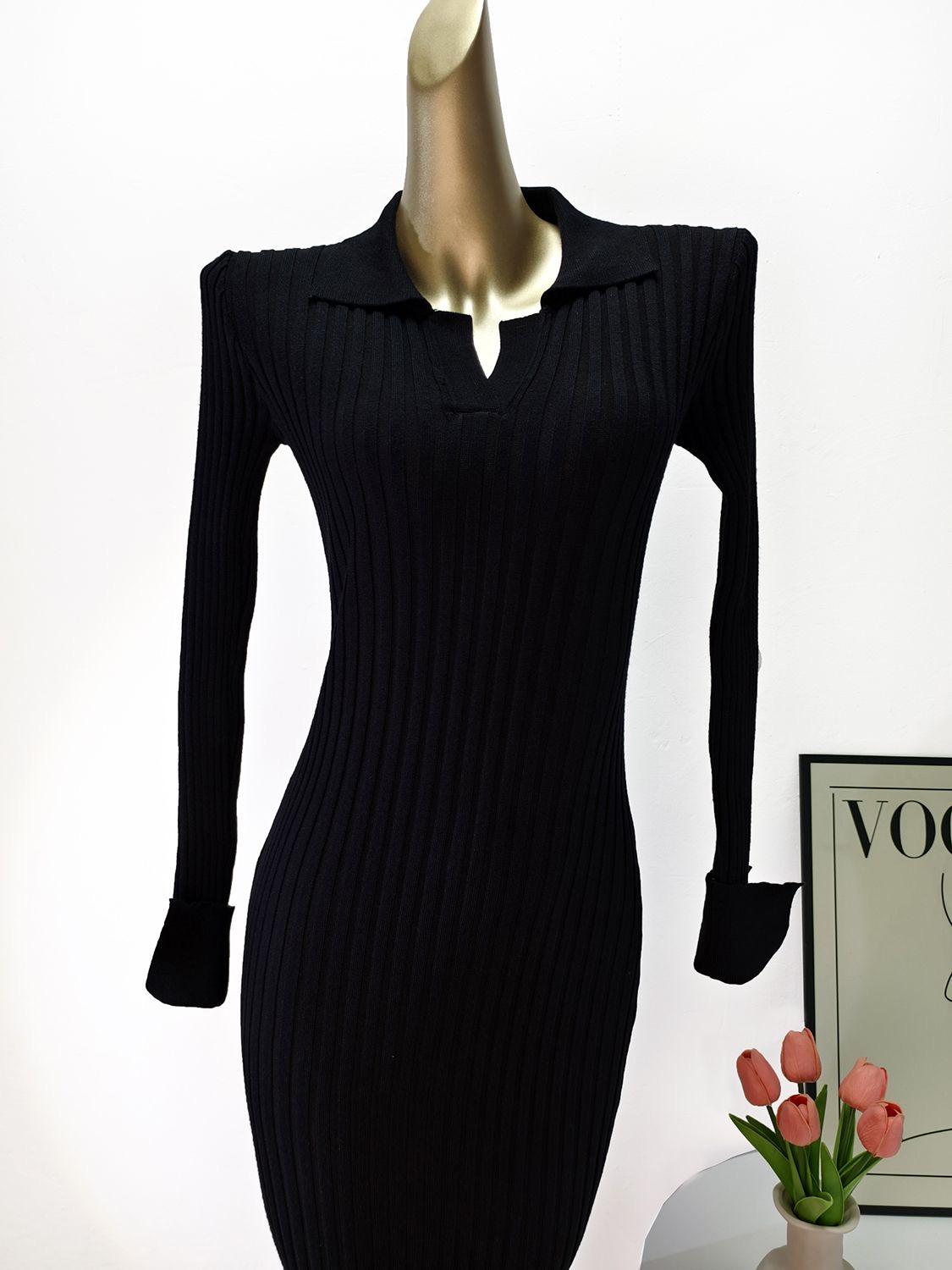Womens Ribbed Collared V-Neck Long Sleeve Maxi Sweater Dress - Image 15