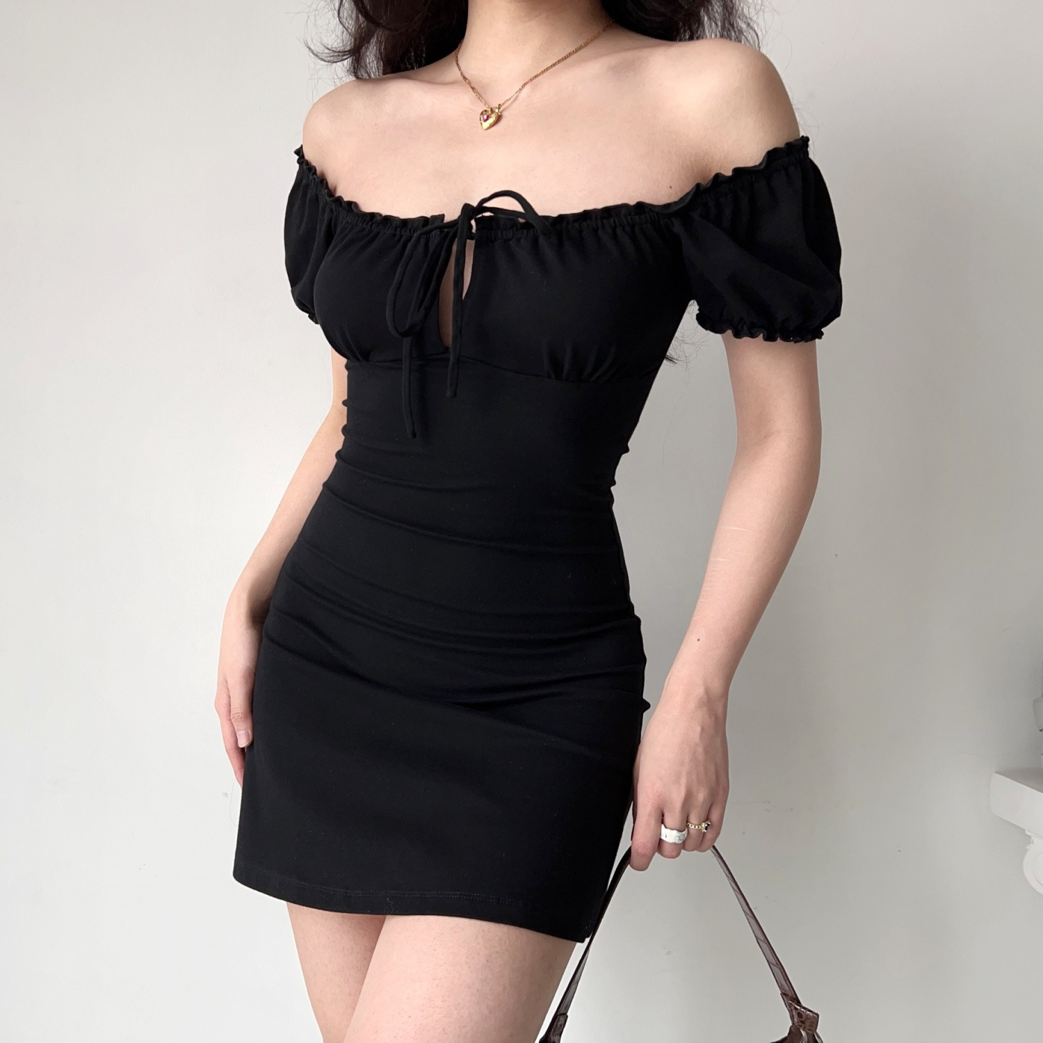 Womens Clothes Off-Shoulder Puff Sleeve Bodycon Mini Dress - Image 2
