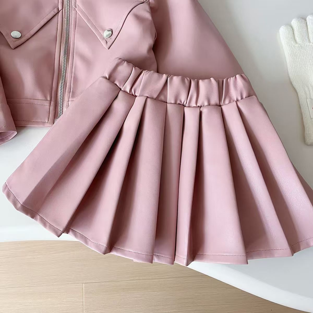 Girls Kids Faux Leather Jacket & Pleated Skirt Set - Image 7