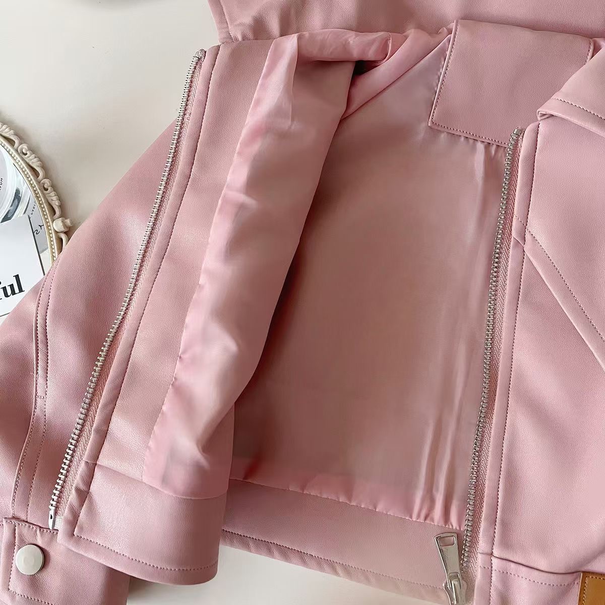 Girls Kids Faux Leather Jacket & Pleated Skirt Set - Image 8