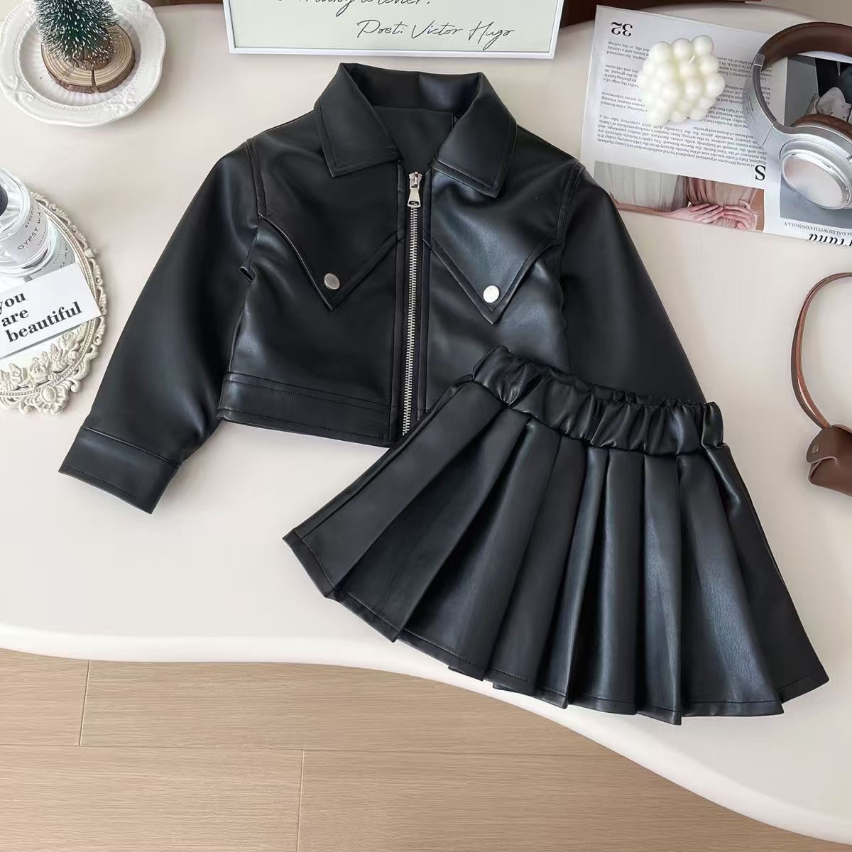 Girls Kids Faux Leather Jacket & Pleated Skirt Set