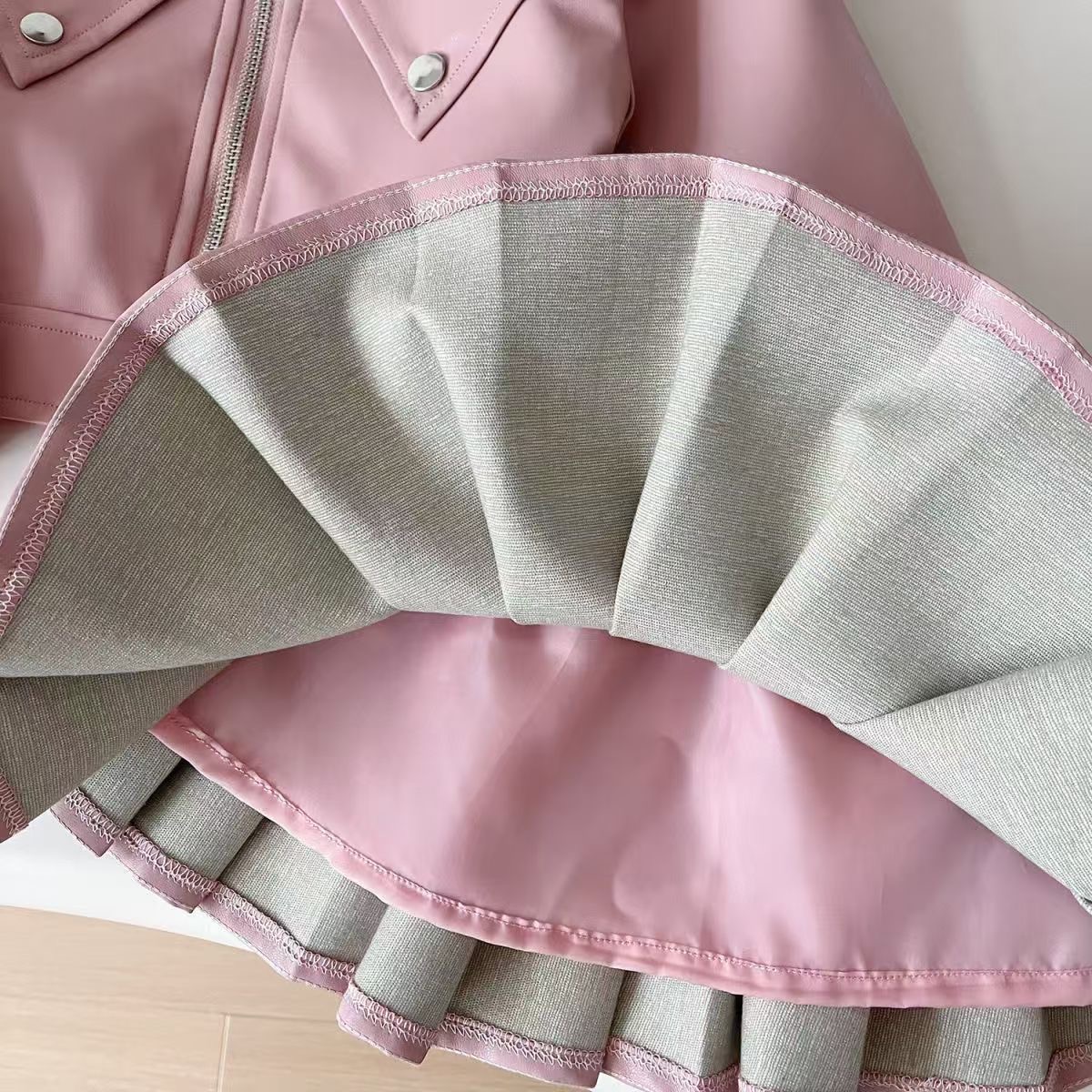 Girls Kids Faux Leather Jacket & Pleated Skirt Set - Image 9