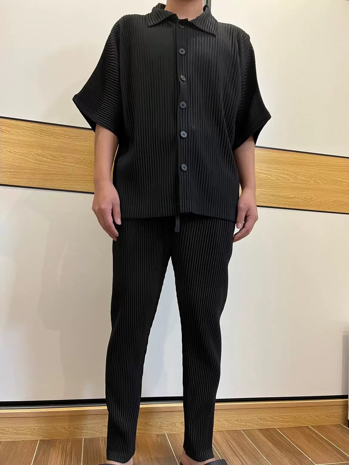 Mens Ribbed Pleated Elastic Waist Clothes Pants