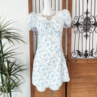 Blue Floral Puff Sleeve Mini Dress Womens Clothes !