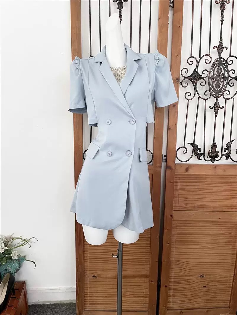 Light Blue Double Breasted Blazer Mini Dress Womens Clothes !