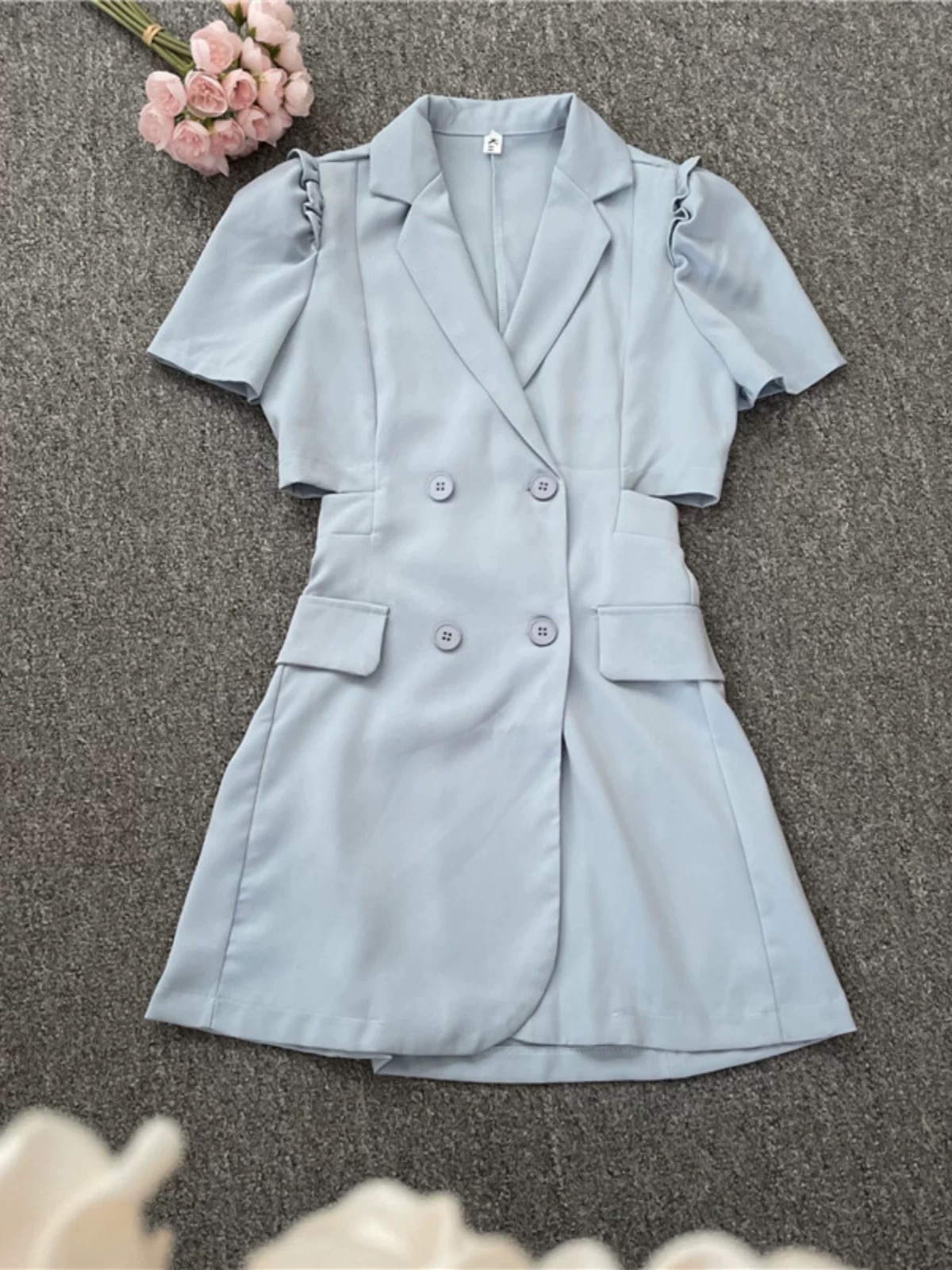 Light Blue Double Breasted Blazer Mini Dress Womens Clothes ! - Image 3