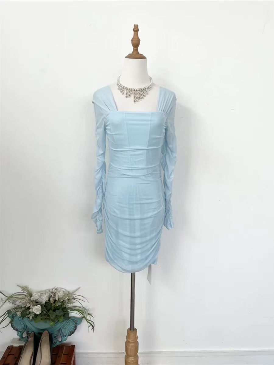 Light Blue Ruched Long Sleeve Mini Dress Womens Clothes !