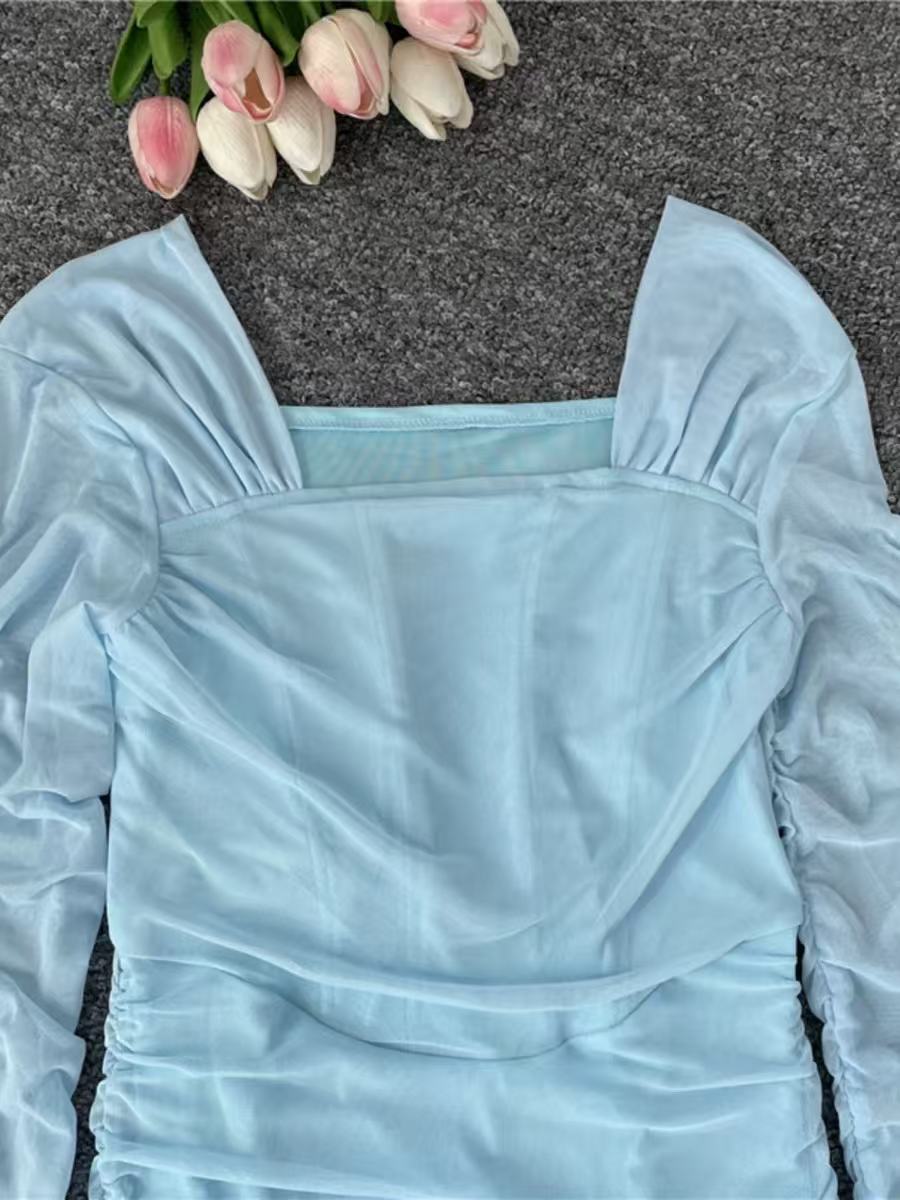 Light Blue Ruched Long Sleeve Mini Dress Womens Clothes ! - Image 3