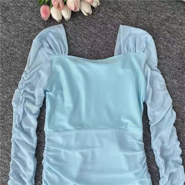 Light Blue Ruched Long Sleeve Mini Dress Womens Clothes ! - Image 6