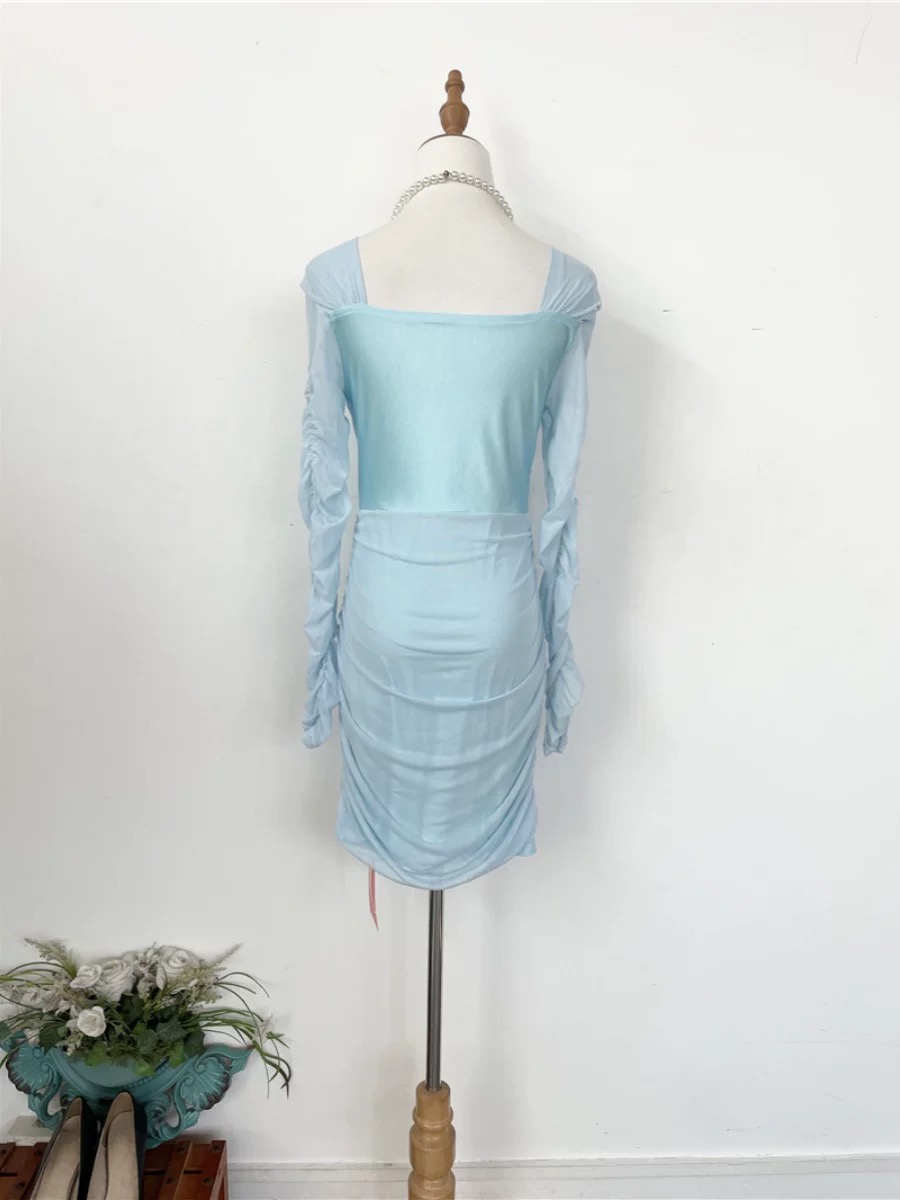Light Blue Ruched Long Sleeve Mini Dress Womens Clothes ! - Image 2