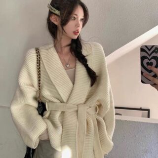 Belted Oversized Knit Cardigan Jacket Womens Clothes