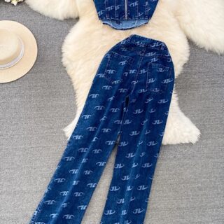 Women’s Denim Corset Top and Straight Leg Jeans Set Clothes !