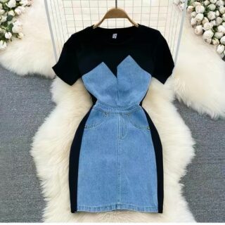 Women’s Denim Panel Bodycon Mini Dress Clothes !