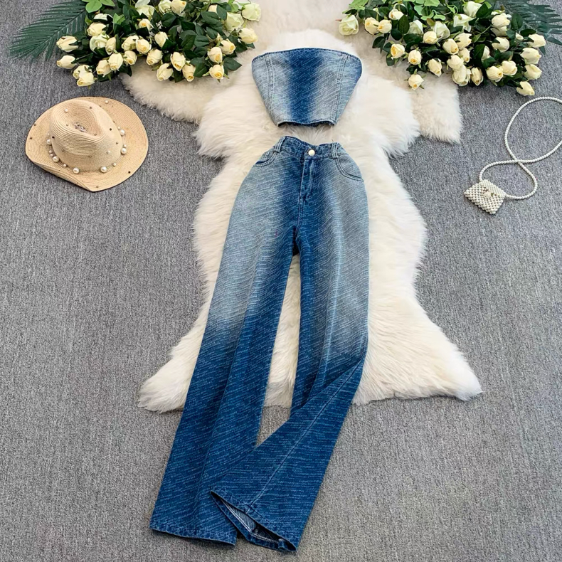 Women’s Ombre Denim Strapless Top and Flared Jeans Set Clothes !