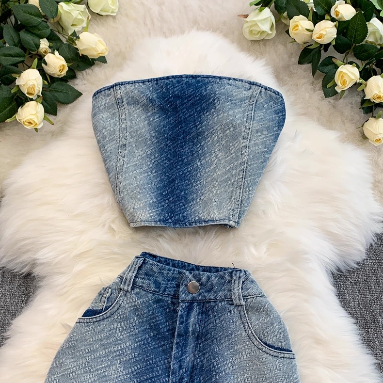 Women’s Ombre Denim Strapless Top and Flared Jeans Set Clothes ! - Image 2