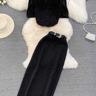 Women’s Polka Dot Puff Sleeve Blouse and Maxi Skirt Set Clothes !