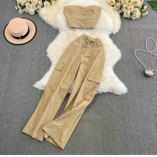 Women’s Strapless Cargo Top and Flared Pants Set Clothes !