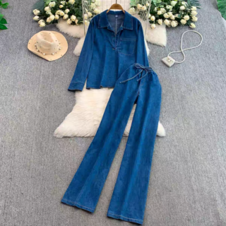 Women’s Denim Long Sleeve Top and Wide Leg Pants Set Clothes !
