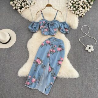 Women’s Floral Denim Crop Top and Midi Skirt Set Clothes !