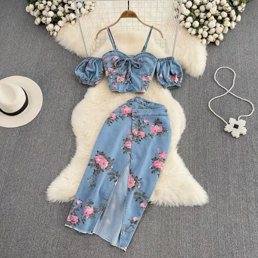 Women’s Floral Denim Crop Top and Midi Skirt Set Clothes !