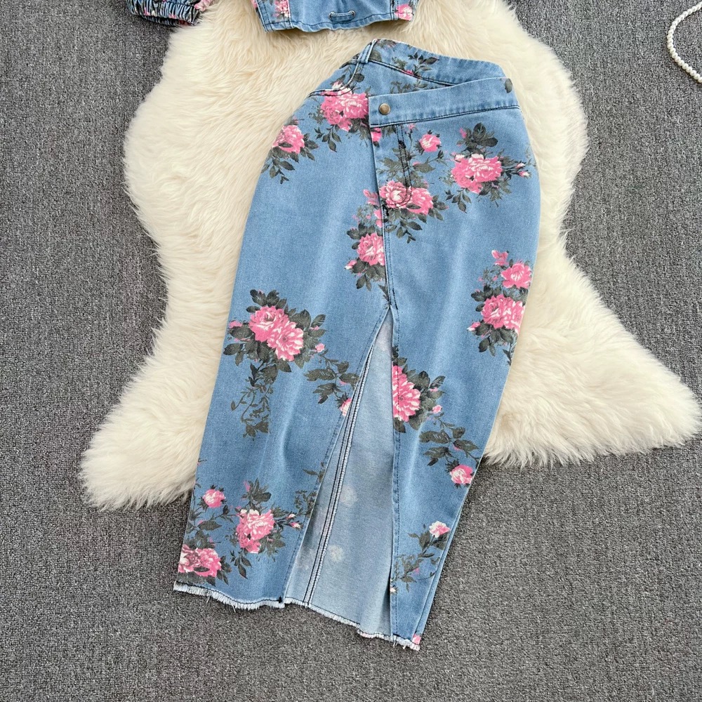Women’s Floral Denim Crop Top and Midi Skirt Set Clothes ! - Image 3