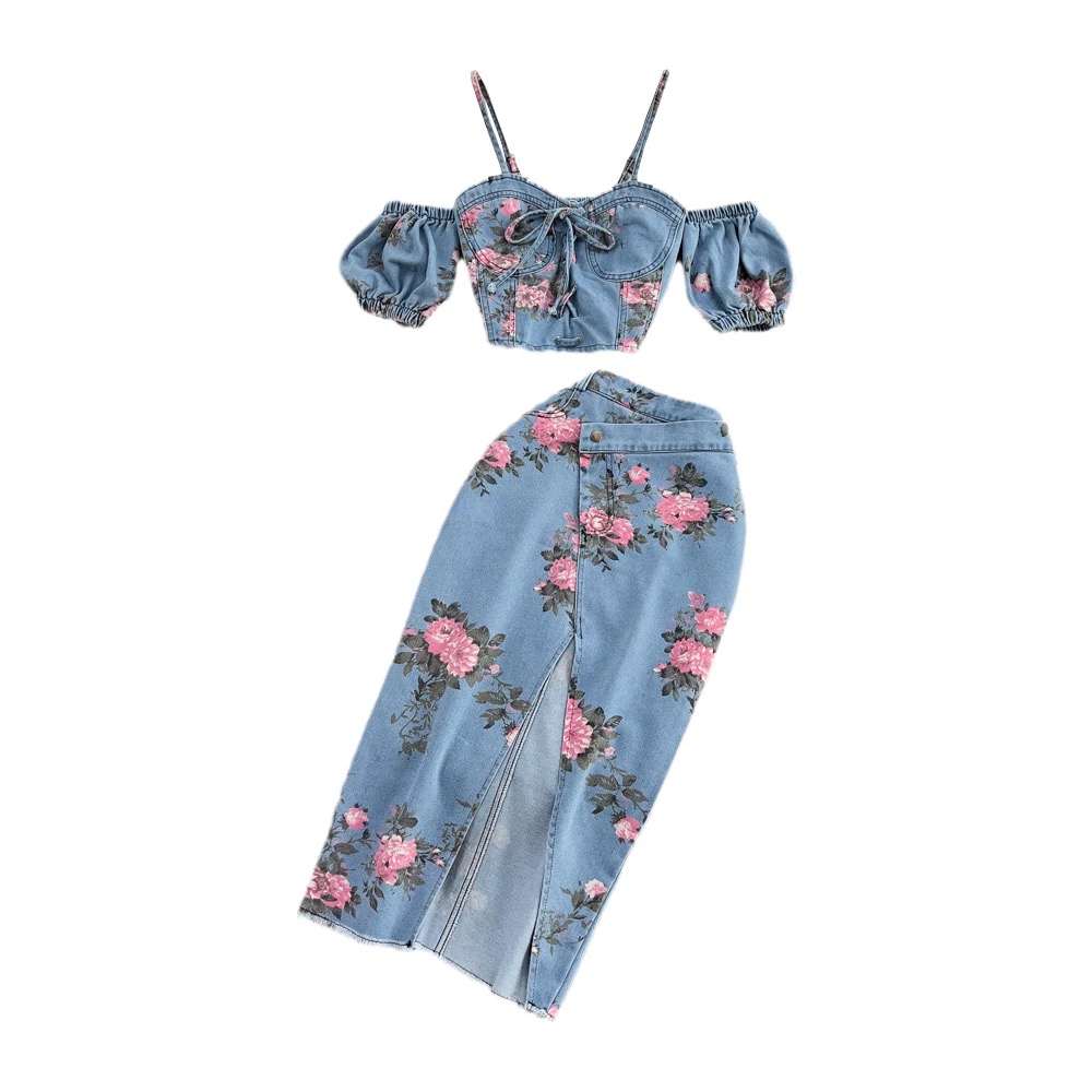 Women’s Floral Denim Crop Top and Midi Skirt Set Clothes ! - Image 11