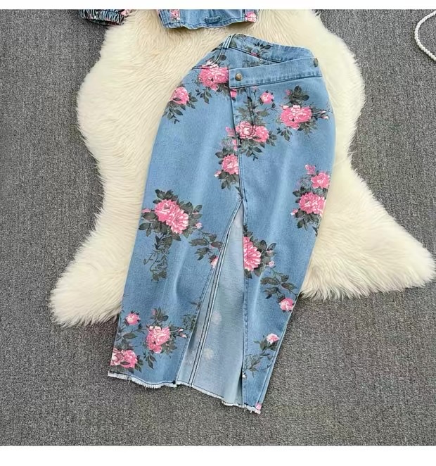 Women’s Floral Denim Crop Top and Midi Skirt Set Clothes ! - Image 6