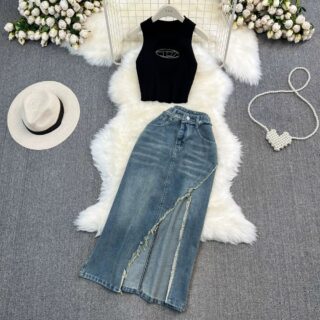 Women’s Ribbed Crop Top and Distressed Denim Midi Skirt Set Clothes !