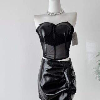 Women’s Black Faux Leather Corset Top and Mini Skirt Set Clothes !