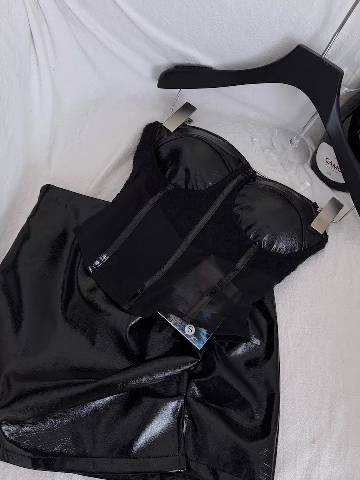 Women’s Black Faux Leather Corset Top and Mini Skirt Set Clothes ! - Image 3