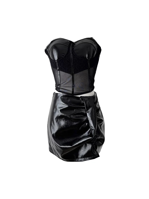Women’s Black Faux Leather Corset Top and Mini Skirt Set Clothes ! - Image 5