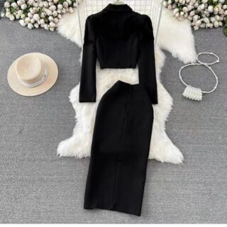 Women’s Black Cropped Blazer and Midi Skirt Set Clothes !