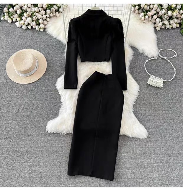 Women’s Black Cropped Blazer and Midi Skirt Set Clothes !