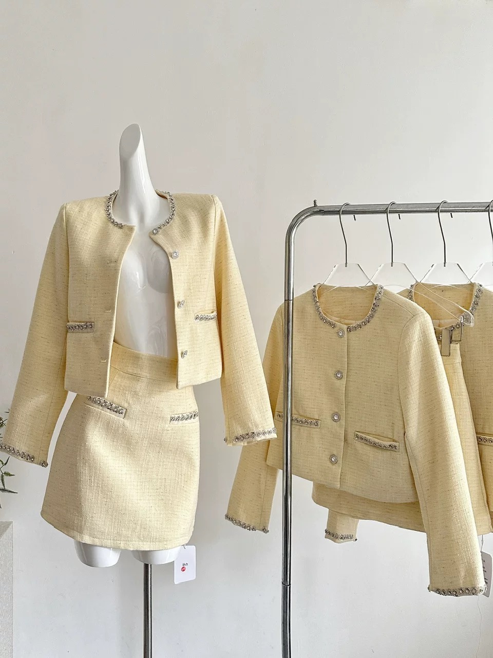 Women’s Cream Yellow Tweed Crop Jacket and Mini Skirt Set Clothes ! - Image 3