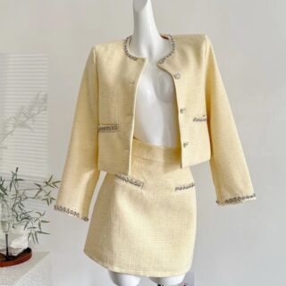 Women’s Cream Yellow Tweed Crop Jacket and Mini Skirt Set Clothes !