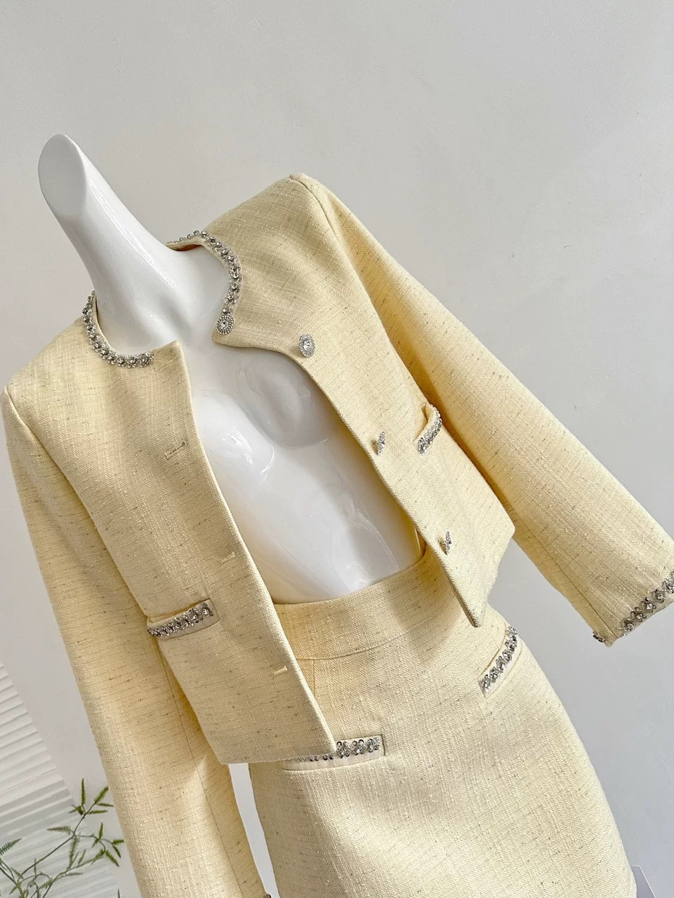 Women’s Cream Yellow Tweed Crop Jacket and Mini Skirt Set Clothes ! - Image 2