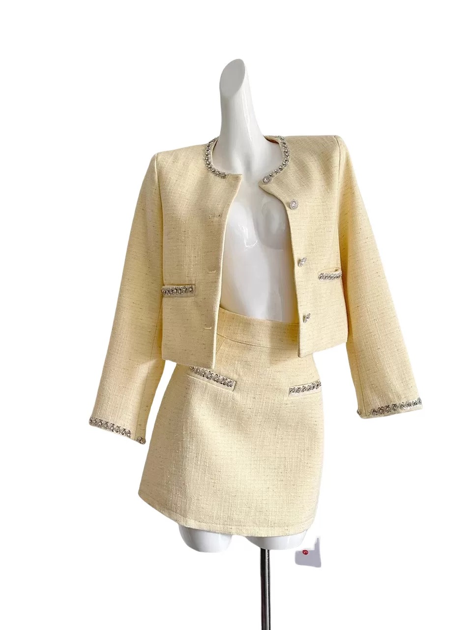 Women’s Cream Yellow Tweed Crop Jacket and Mini Skirt Set Clothes ! - Image 14