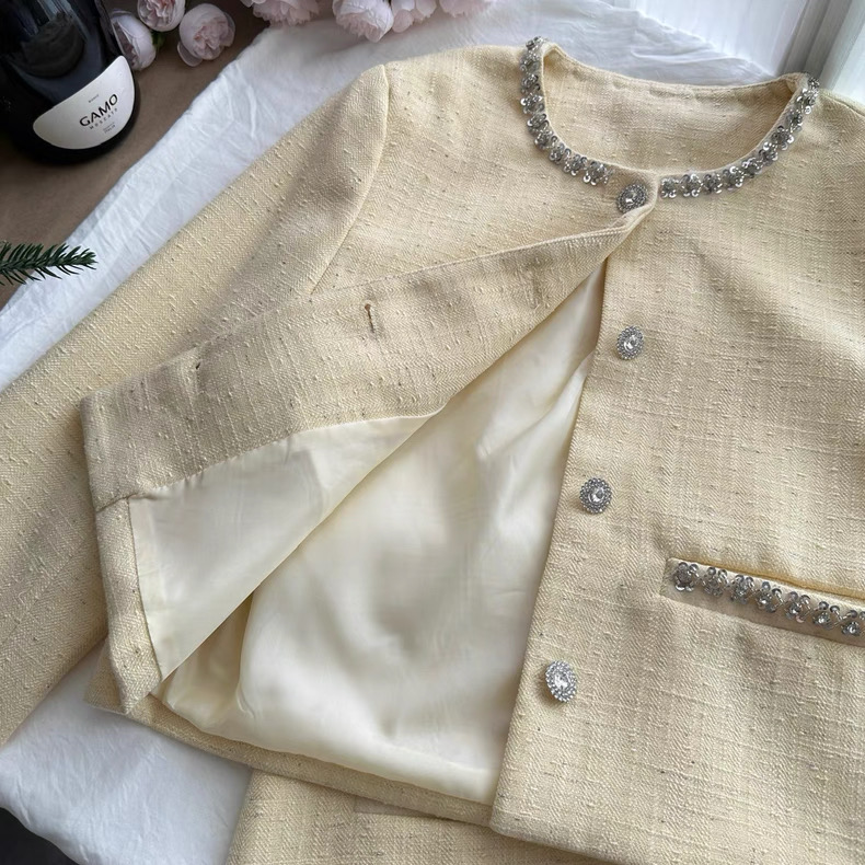 Women’s Cream Yellow Tweed Crop Jacket and Mini Skirt Set Clothes ! - Image 12