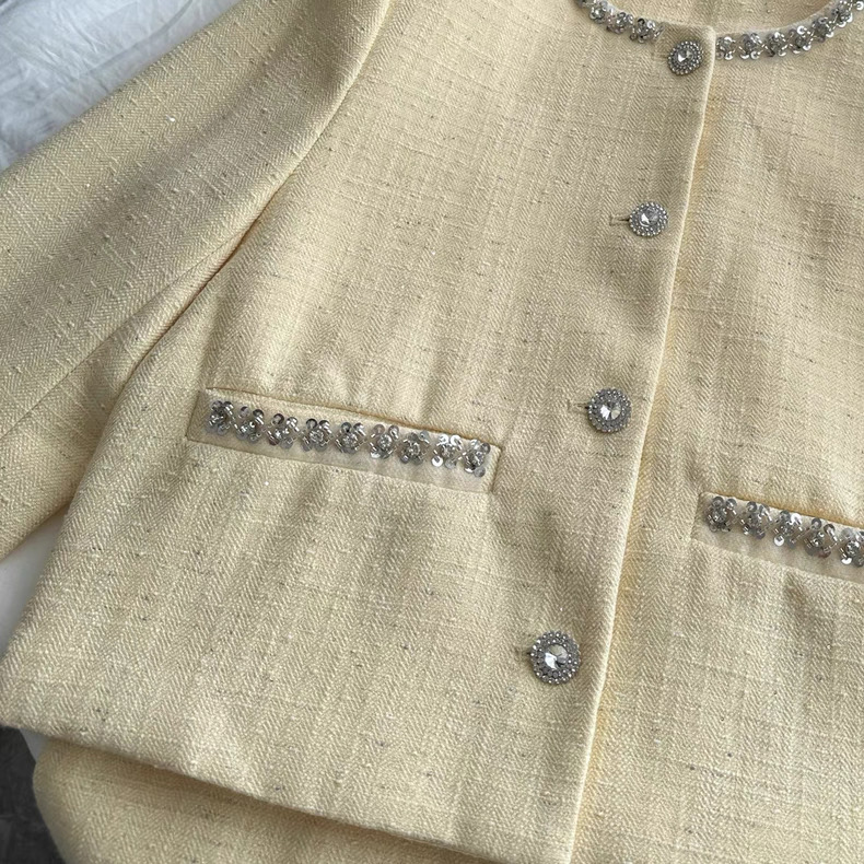 Women’s Cream Yellow Tweed Crop Jacket and Mini Skirt Set Clothes ! - Image 8