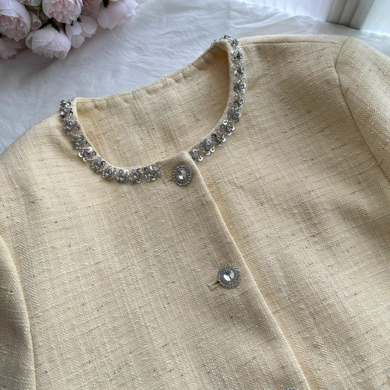 Women’s Cream Yellow Tweed Crop Jacket and Mini Skirt Set Clothes ! - Image 7