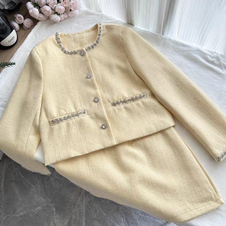 Women’s Cream Yellow Tweed Crop Jacket and Mini Skirt Set Clothes ! - Image 6