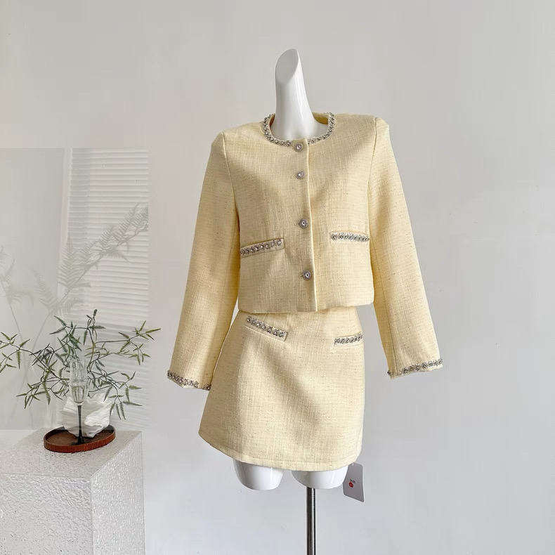 Women’s Cream Yellow Tweed Crop Jacket and Mini Skirt Set Clothes ! - Image 5