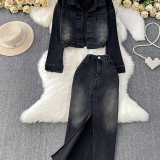 Women’s Black Washed Denim Crop Jacket and Long Skirt Set Clothes !