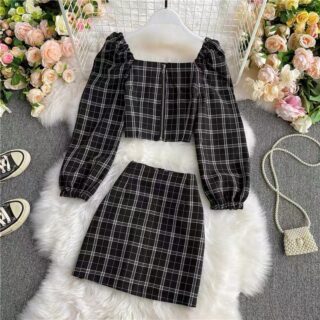 Women’s Black & Black Plaid Crop Top and Mini Skirt Set Clothes !